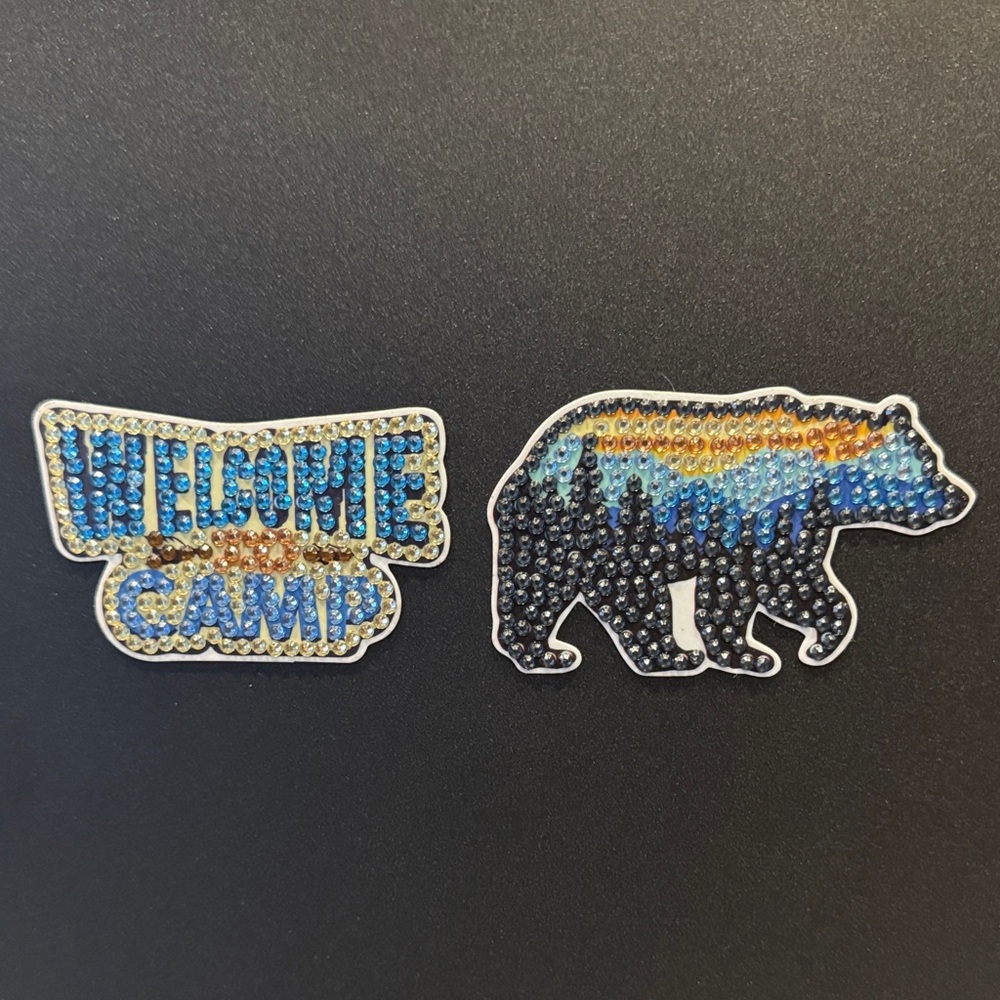 Handcrafted Diamond Art Camping Magnets – Set of 2 | Bear & “Welcome Camp”